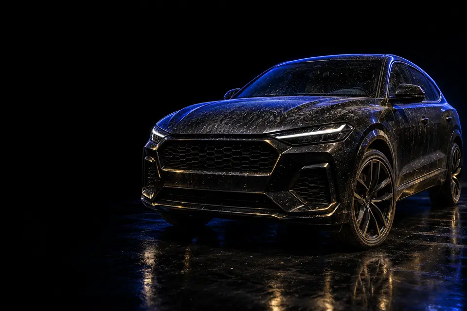 A black SUV in a dark studio, rim-lit in blue, on a wet reflective floor