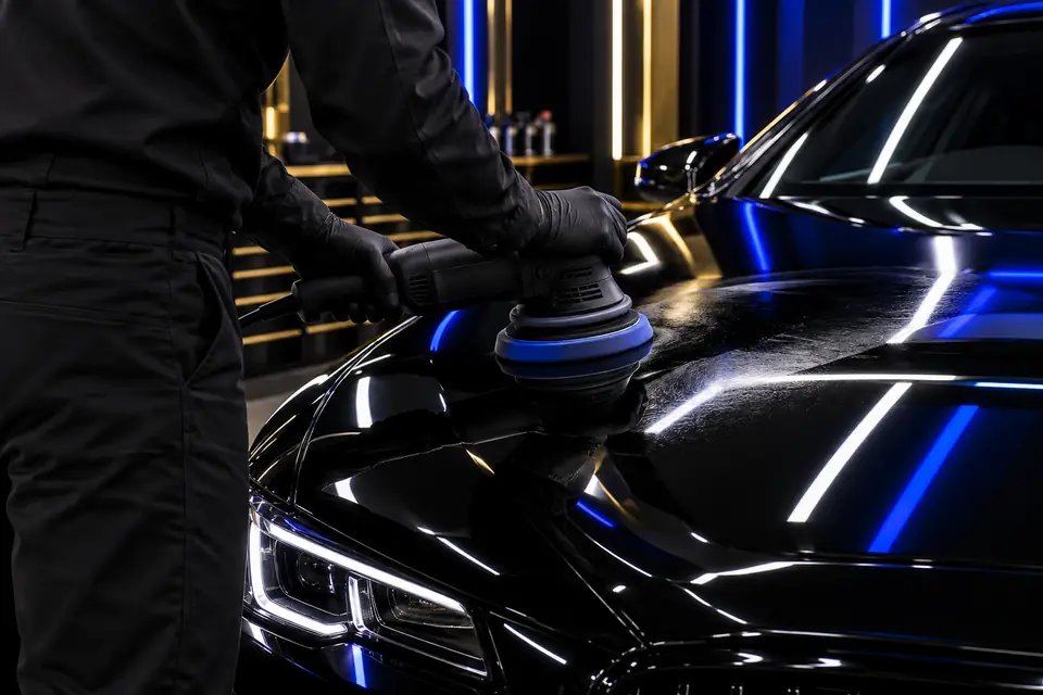 A WIT detailer in black gloves machine-polishing a black car under studio lights